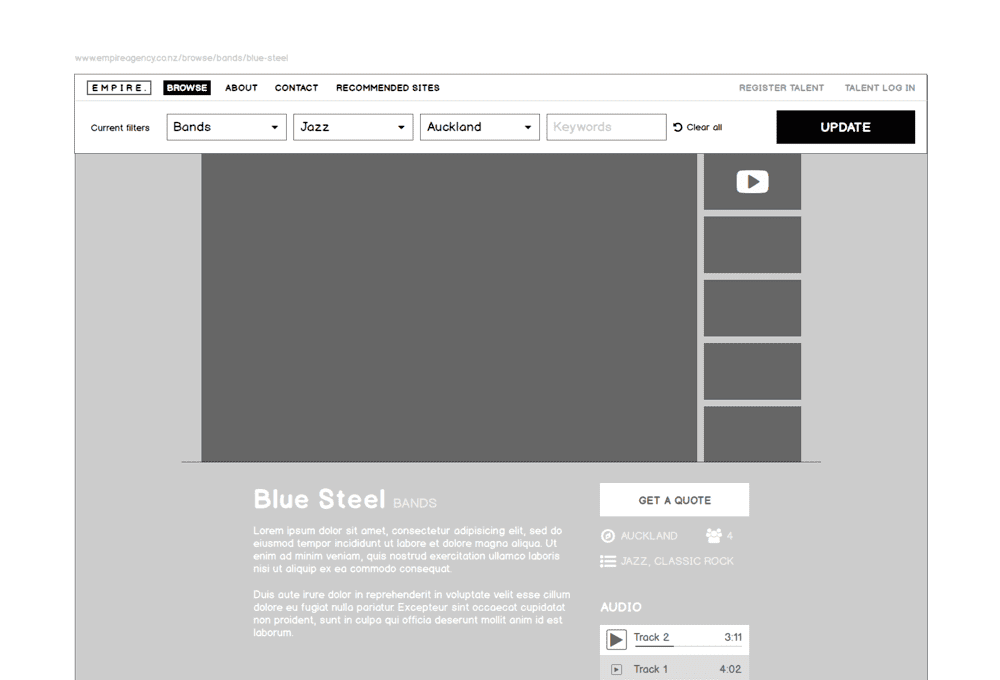 Empire Agency project case study – Wireframes.